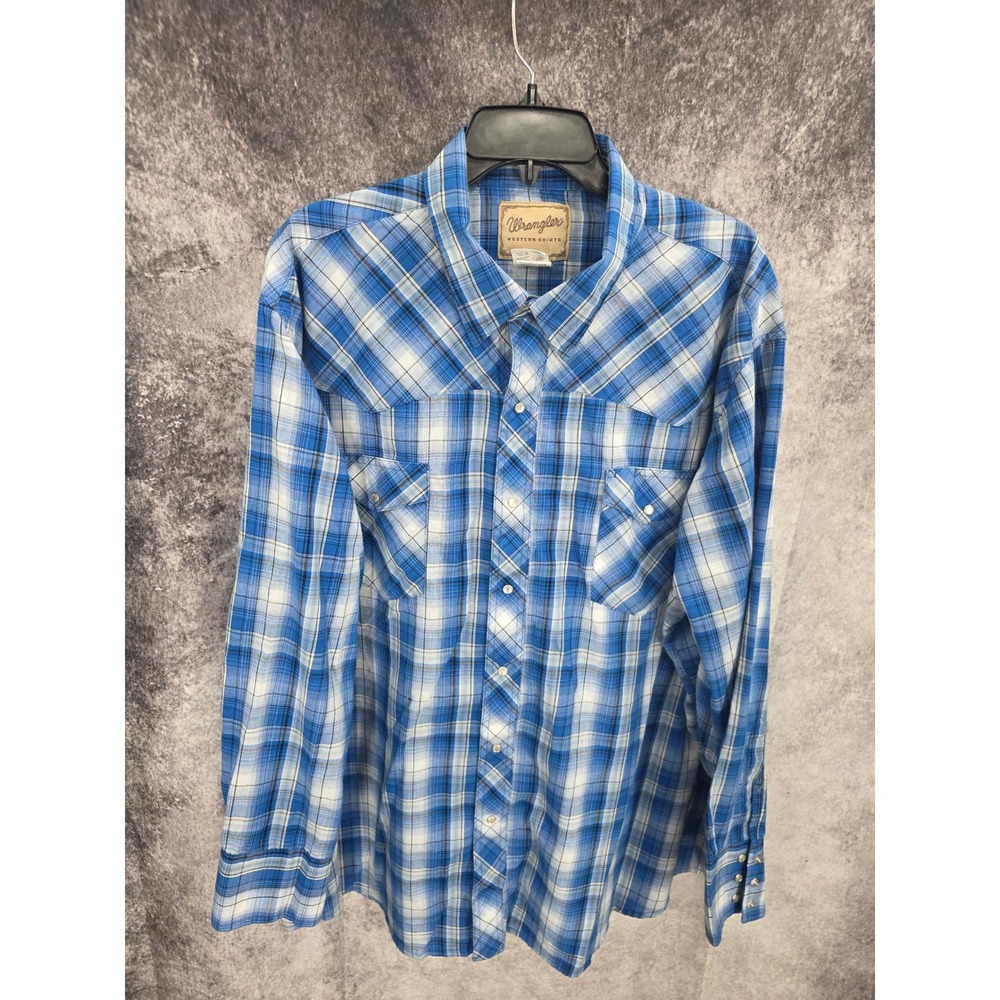 Vintage 90s Wrangler Western Shirt Men 3XL Blue Plaid Pearl Snap Rodeo Y2K